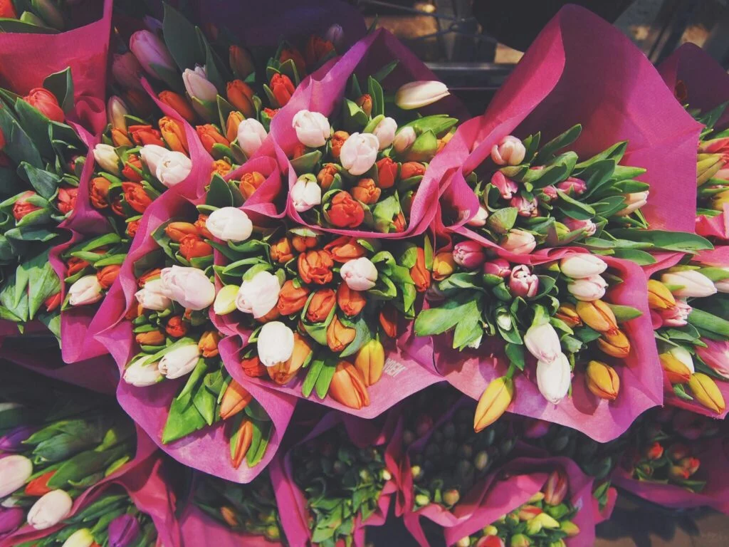 Bunches of tulips in pink wrapping