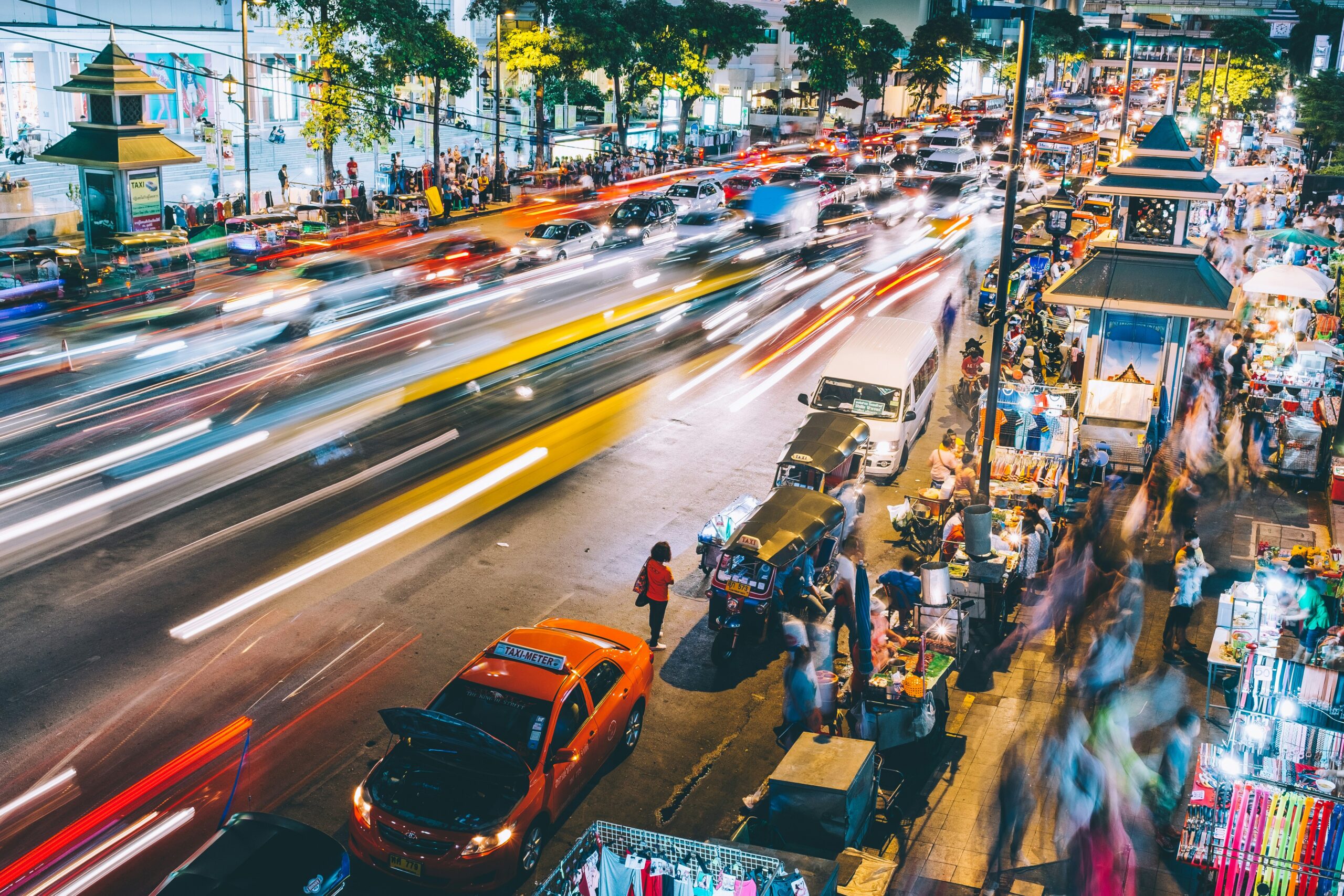 a busy street scene, somewhere in asia